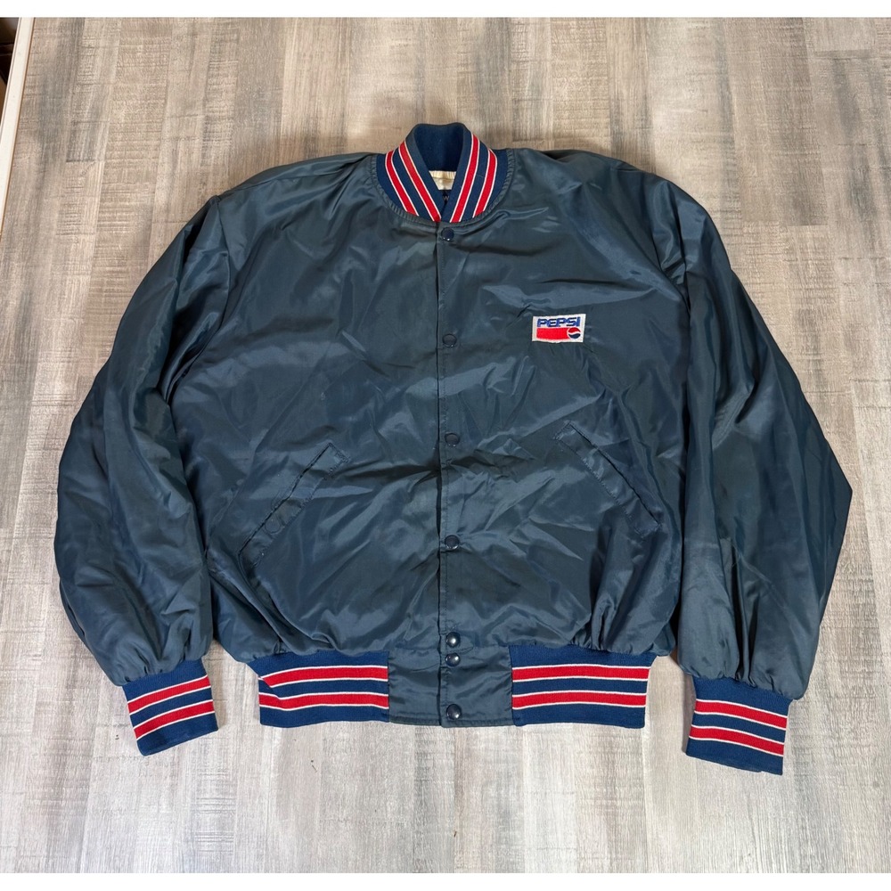 Vintage Holloway Pepsi Bomber Jacket Navy Blue Nylon Snap Front Boxy Mens XL